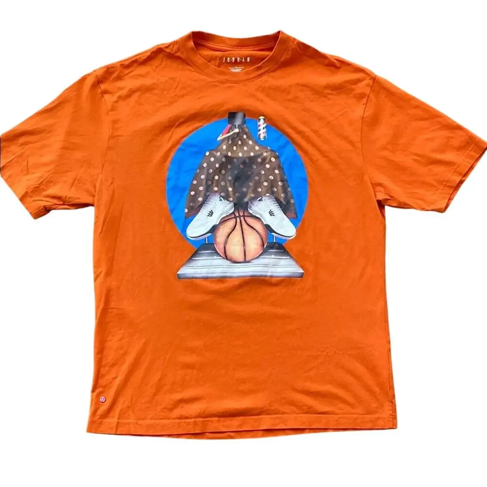 JORDAN T-Shirt Mens Sz Large Orange Artist Series Darien Birks Barber Shop